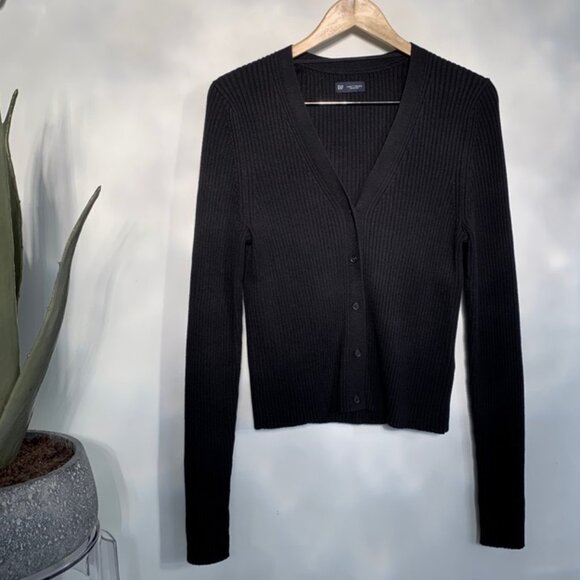 Gap Skinny Rib Cotton Modal Cardigan Black Large Tall - Picture 2 of 8